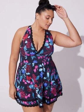 torrid 3x wireless V-Neck One-Piece Swimdress with brief mystical forest